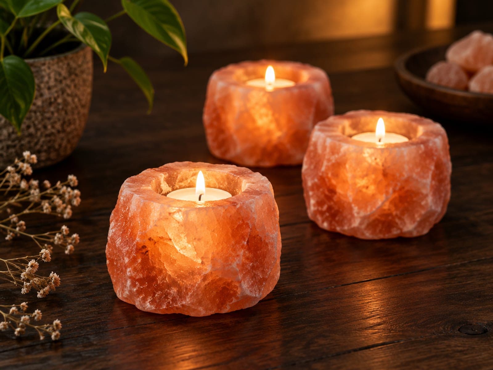 Tea lights and candle holders: Carved salt decor